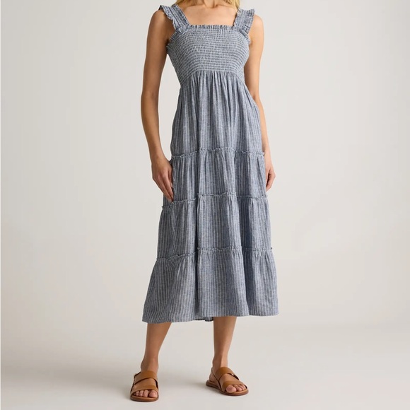 Quince Dresses & Skirts - Quince Blue & White Striped Smocked Midi Dress